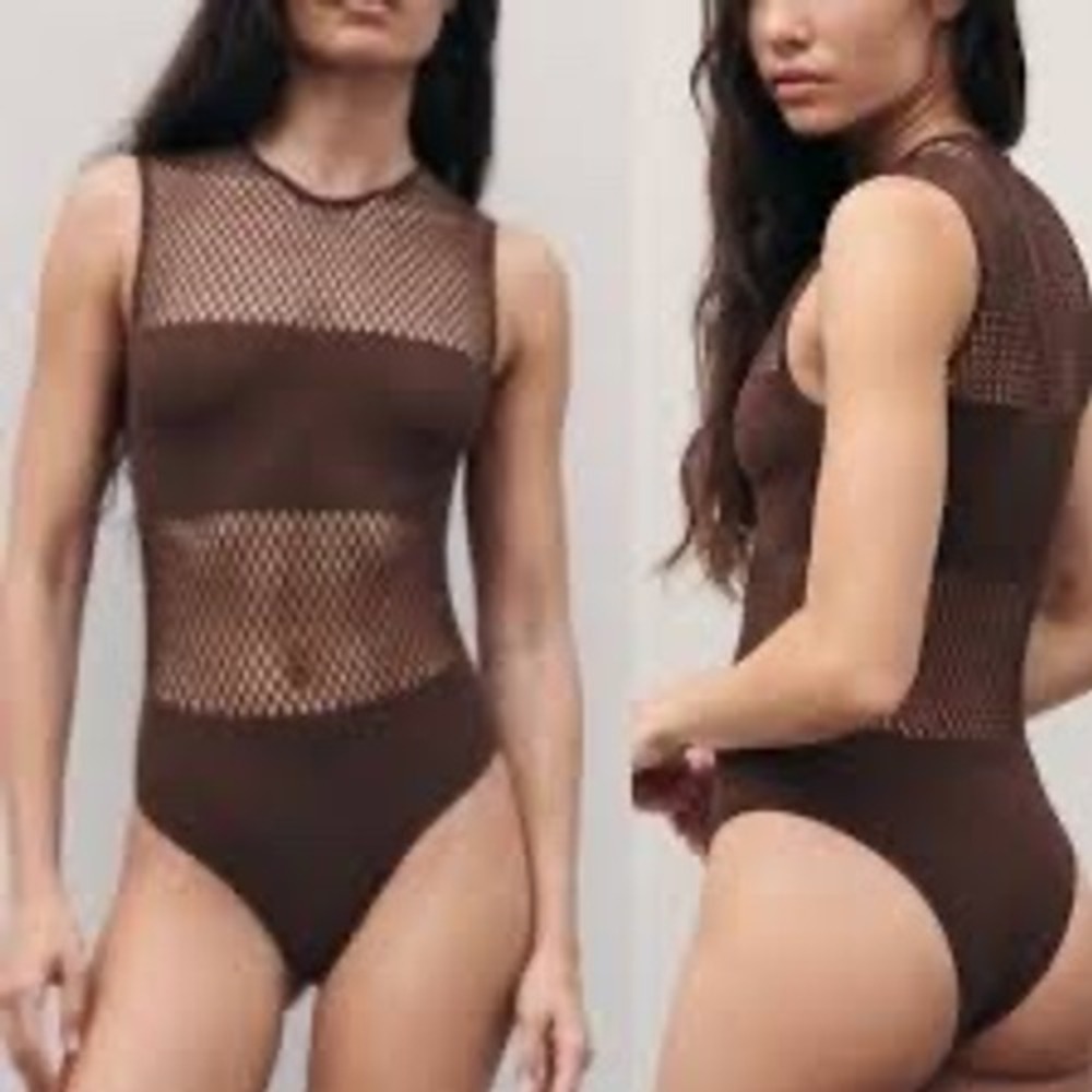 Zara Brown Mesh Open Knit Sleeveless Bodysuit XS-S NWOT